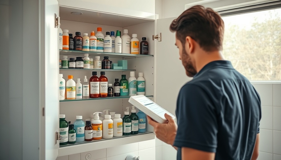 Modern wellness medicine cabinet with a man examining products.