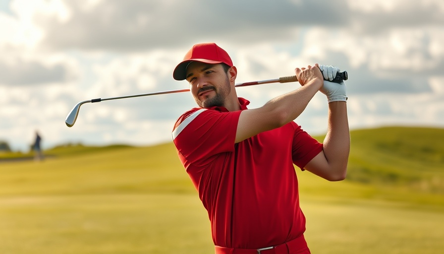 Golfer in red swinging club on golf course under cloudy sky, holistic health.