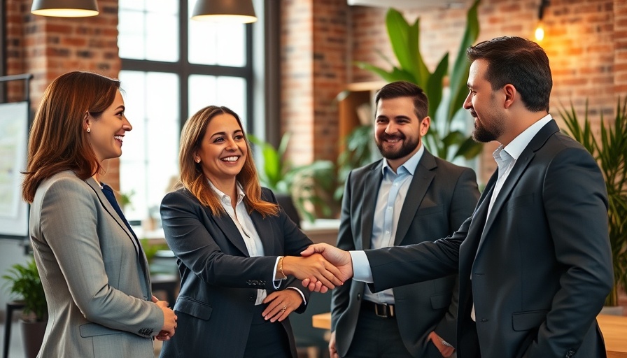 Business professionals discussing brand investment in modern office.