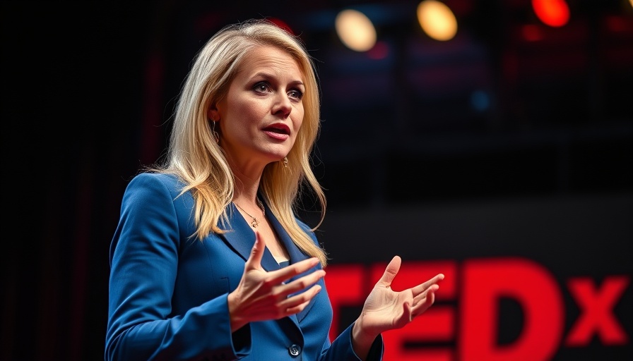 Blonde woman presenting at TEDx, discussing 'Blind Photojournalist Insights'.