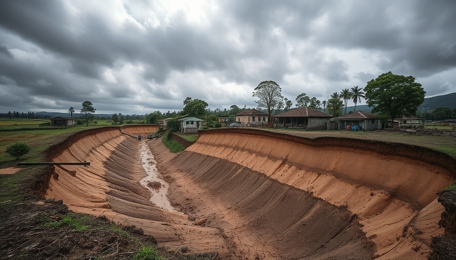 Massive erosion illustrating climate change with village surroundings.