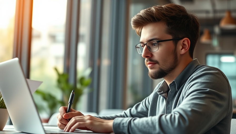 Young man developing essential skills for entrepreneurs, writing notes at a laptop.