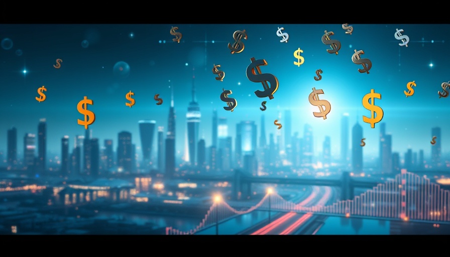 Abstract illustration of SARB monetary policy price stability, featuring currency symbols and a city skyline.