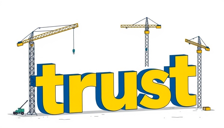 Cranes constructing word 'trust' symbolizing building trust with new website visitors.