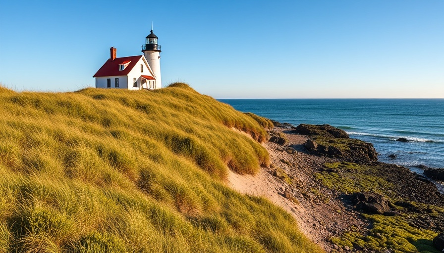 Scenic small lighthouse on grassy sand dune by rocky shoreline