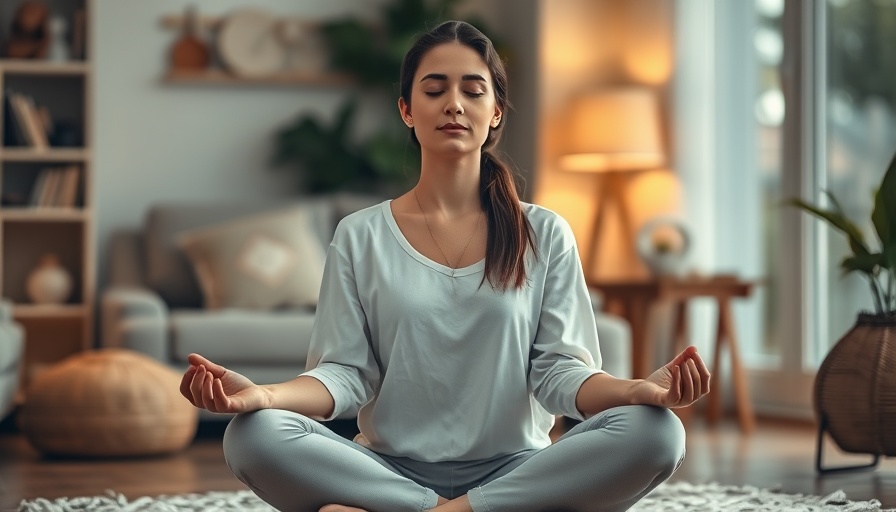 Young woman meditating in a calm home environment, coping with anxiety.