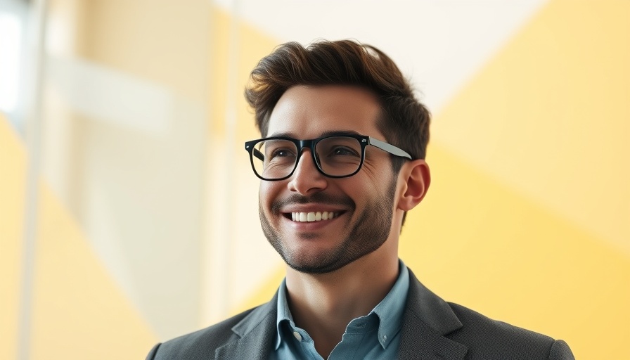 SEO Strategy for Increased Search Visibility with smiling professional on geometric background.