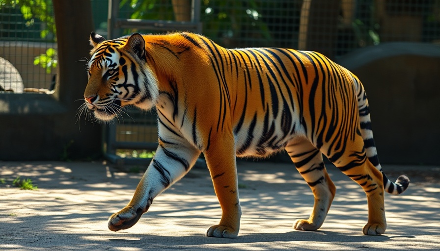 Tiger in a Danish zoo enclosure, vibrant colors, dappled sunlight.