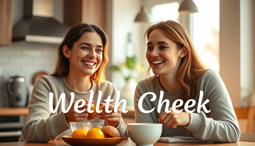 Young couple enjoying breakfast in a cozy kitchen with 'Wellth Check' text.