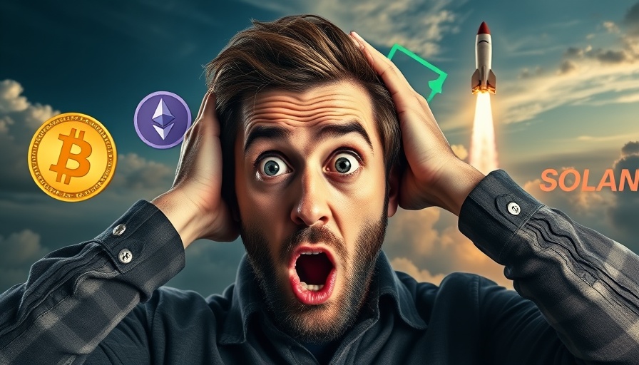 Cryptocurrency symbols and a surprised man during Bitcoin Ethereum surge.