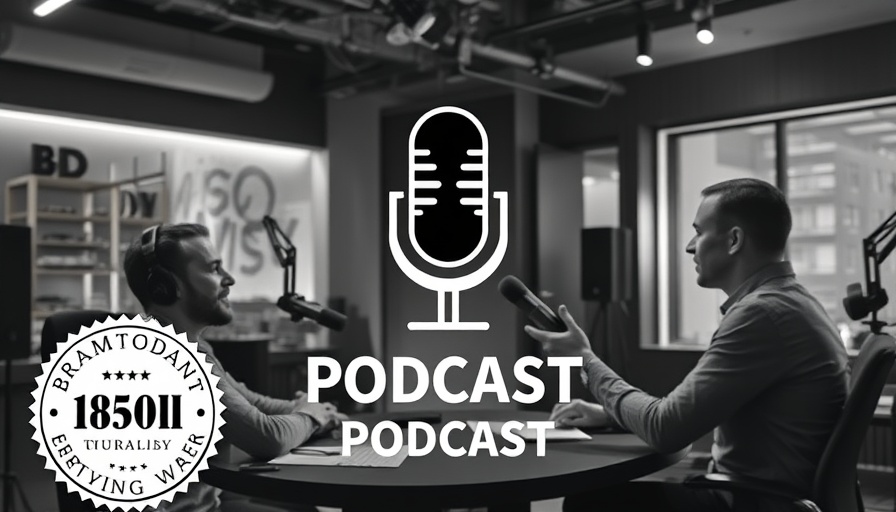 Podcast branding panel with award emblem in studio setting.