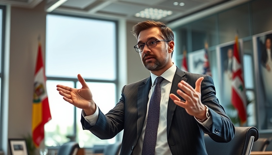 Man discussing at desk in office setting with flags, bright daylight.