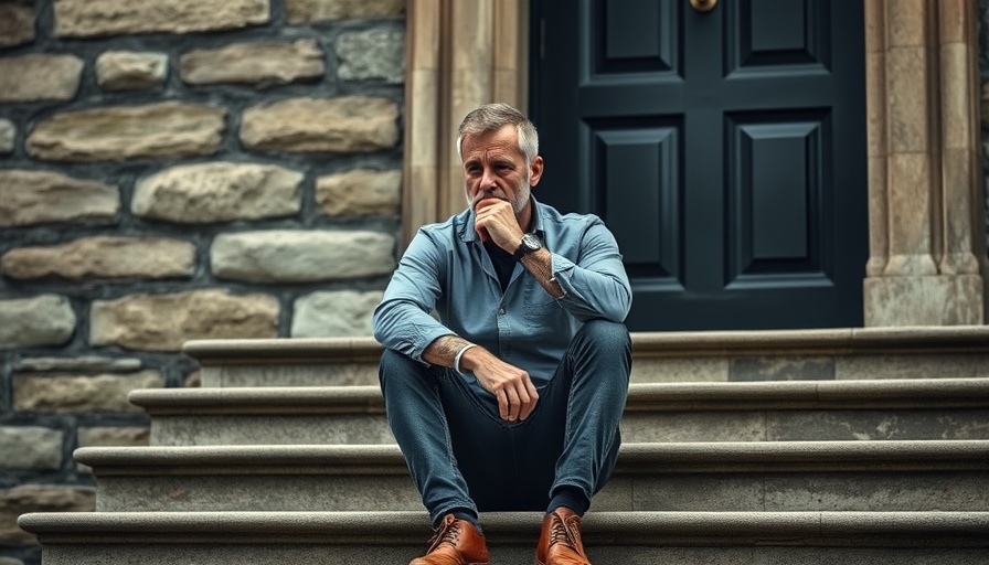 Concerned man pondering Bitcoin price on steps, text overlay.