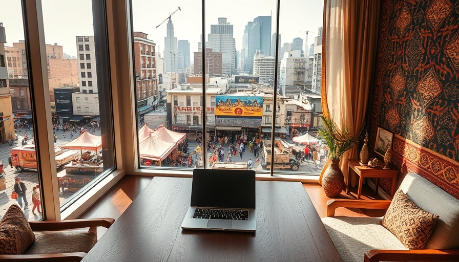 Art of Giving Auction scene with African-themed office and city.