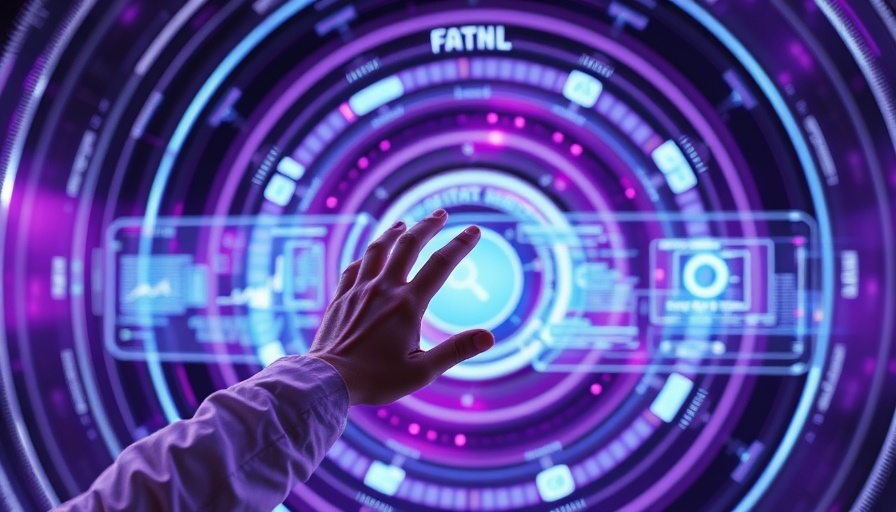 Futuristic content curation 2030 with AI panels, digital design
