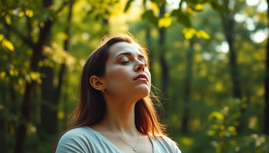 Serene woman meditating in nature for mental health and healing.
