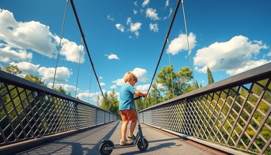 Young boy on a scooter exploring a bridge, Summer Family Adventures scene.
