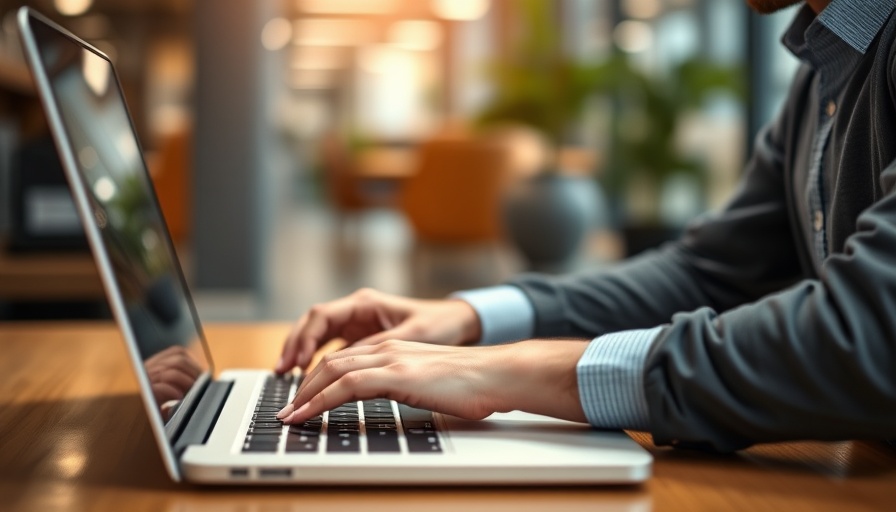 Typing on laptop in office signifying data entry services.
