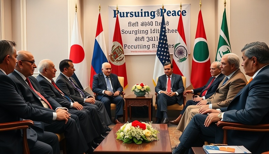 Leaders discussing at summit with 'Pursuing Peace' backdrop
