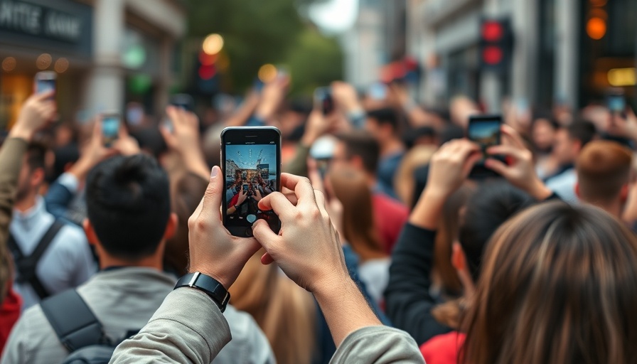 People capturing event with smartphones, urban street setting.