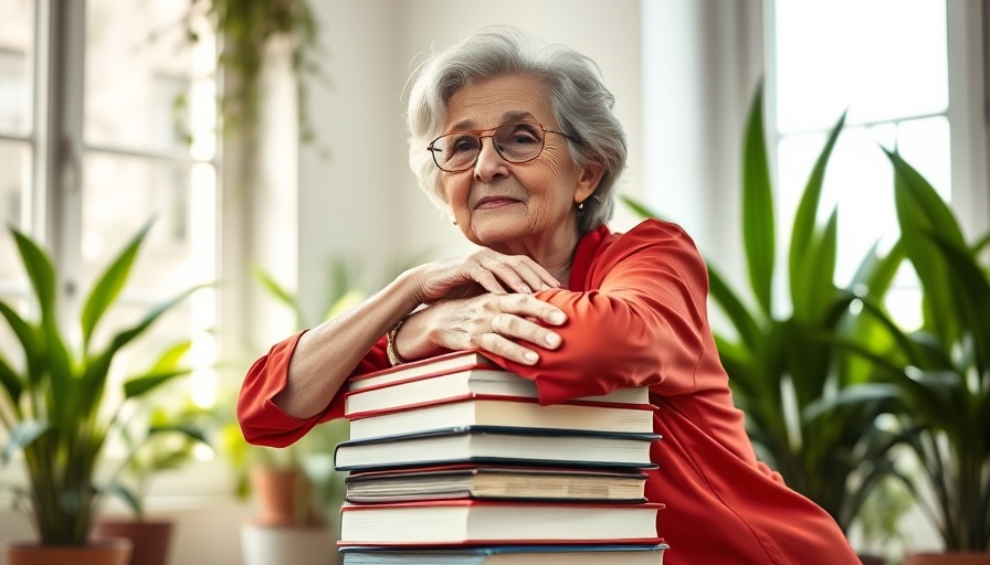 Mindfulness and Mental Health: Elderly woman relaxing with books.