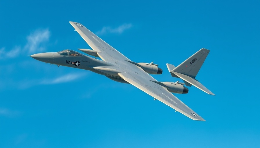 Large gray bomber plane soaring in clear blue sky, America's Warplanes.