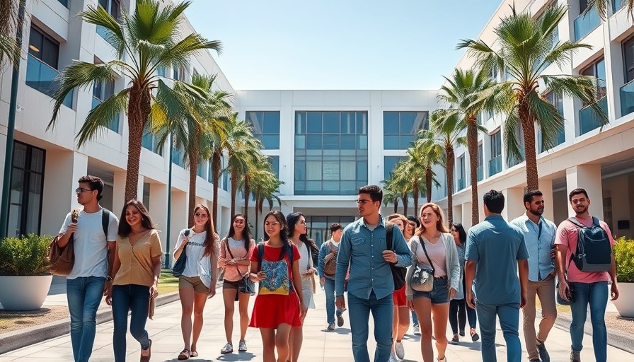 Mohamed bin Zayed University students entering building with welcoming banner.