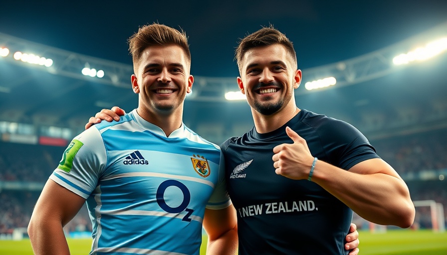 Los Pumas vs All Blacks rugby promotional image with stadium backdrop.