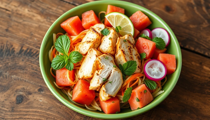 Thai-inspired chicken noodle watermelon salad with mint and lime.