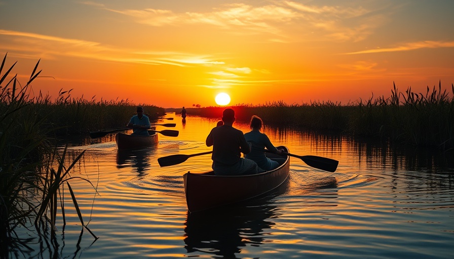 Canoe trail through African wetlands at sunset.