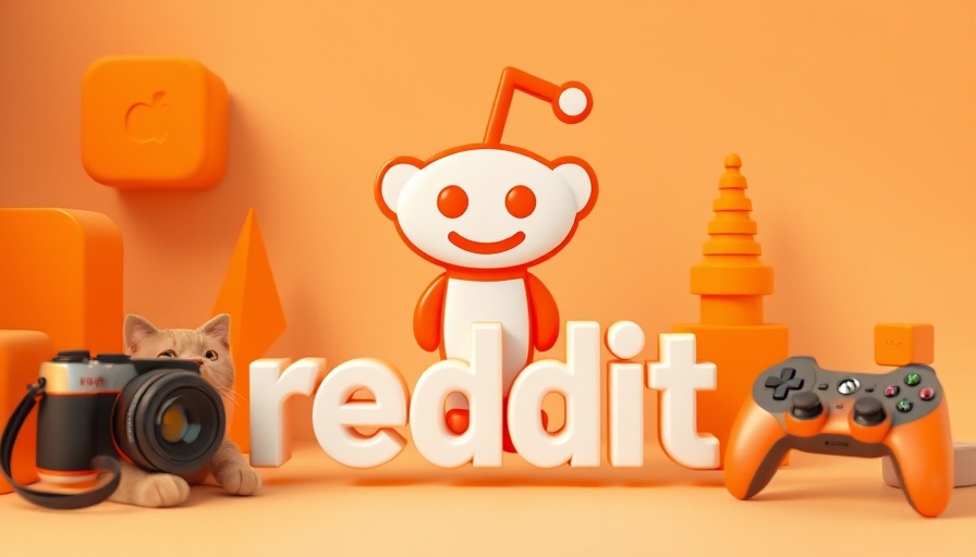 Iconic Reddit logo with orange 3D objects on beige background.