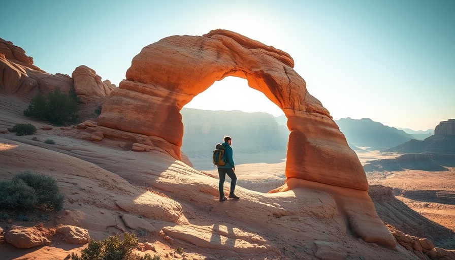 Adventurous hiker under rock arch, living life to the fullest.