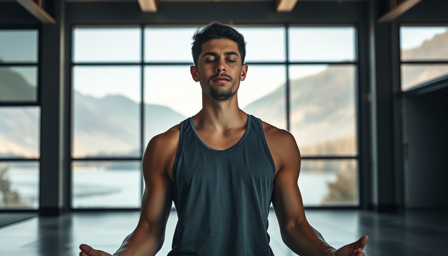 Young man meditating in a gym with a mountain view, promoting meditation for men's mental health.