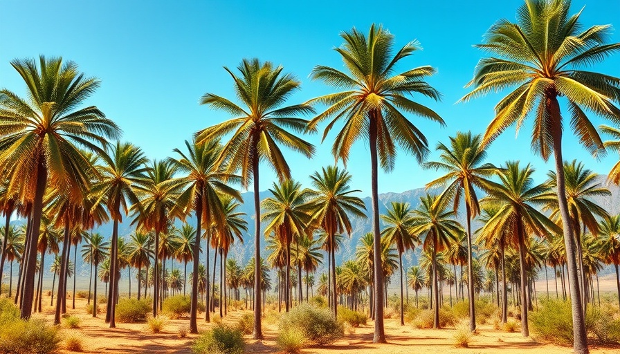 South Africa ecotourism scene with palm trees and mountains.