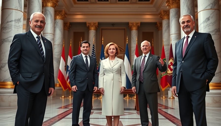 World leaders in formal setting during trilateral talks, marble columns.