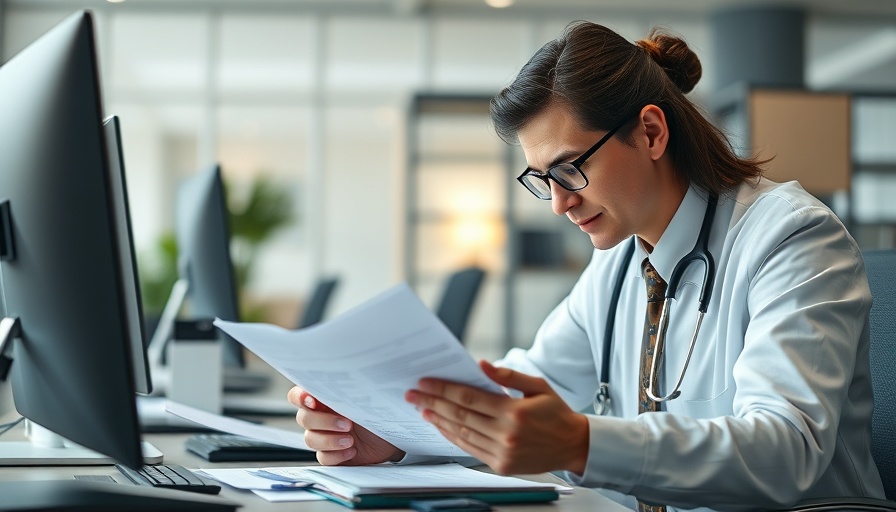 Healthcare professional reviewing insurance billing documents, office setting.