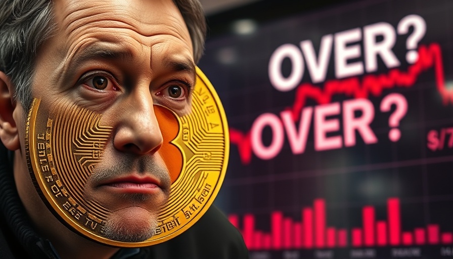 Concerned person with Bitcoin, market graph in background.