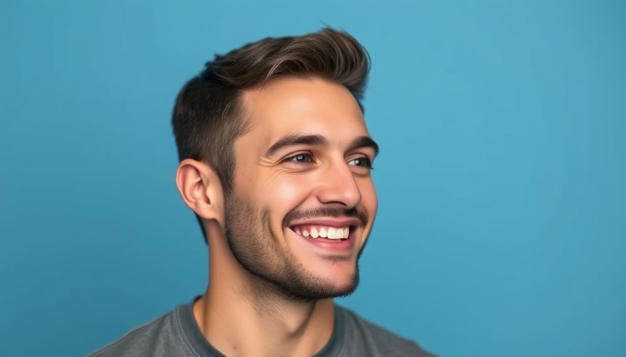 Man considering outsourced email marketing ROI, blue background.