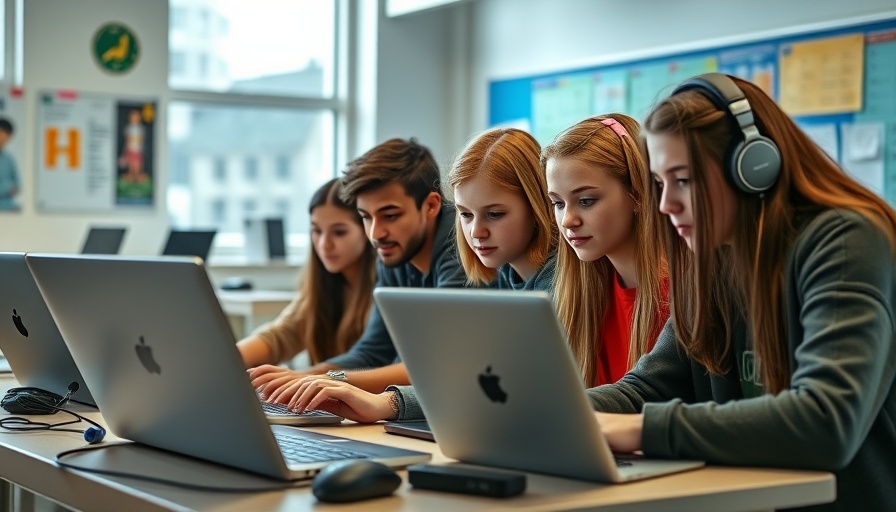 High school students coding together in a modern classroom setting.