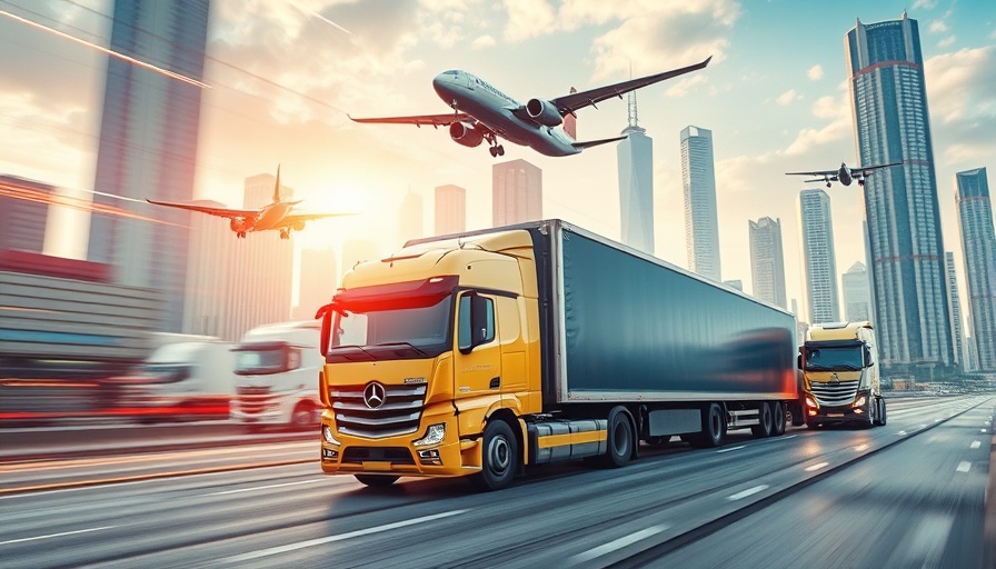 Futuristic AI in logistics scene with modern trucks and airplanes.