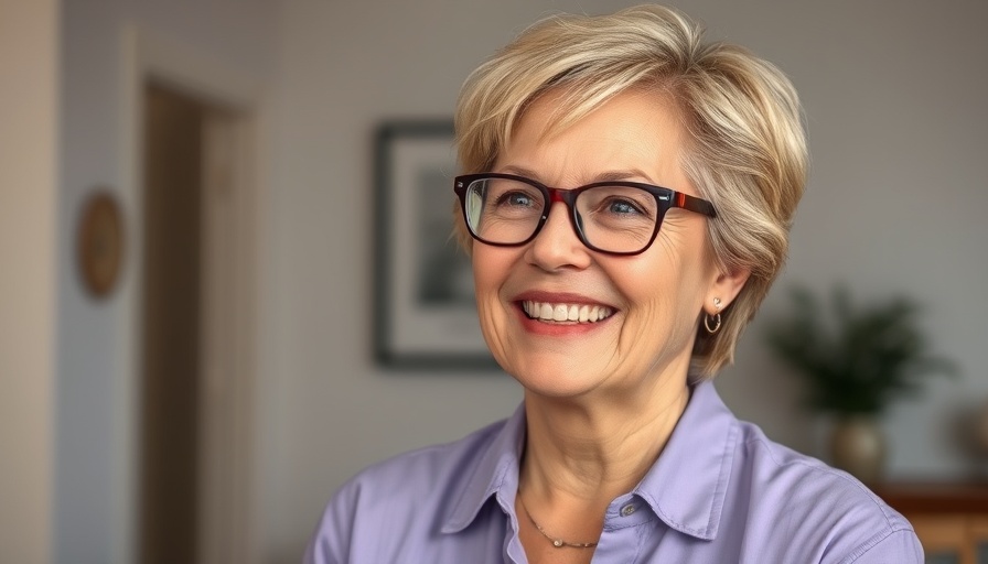Mature woman smiling warmly promoting tiny habits for happiness.