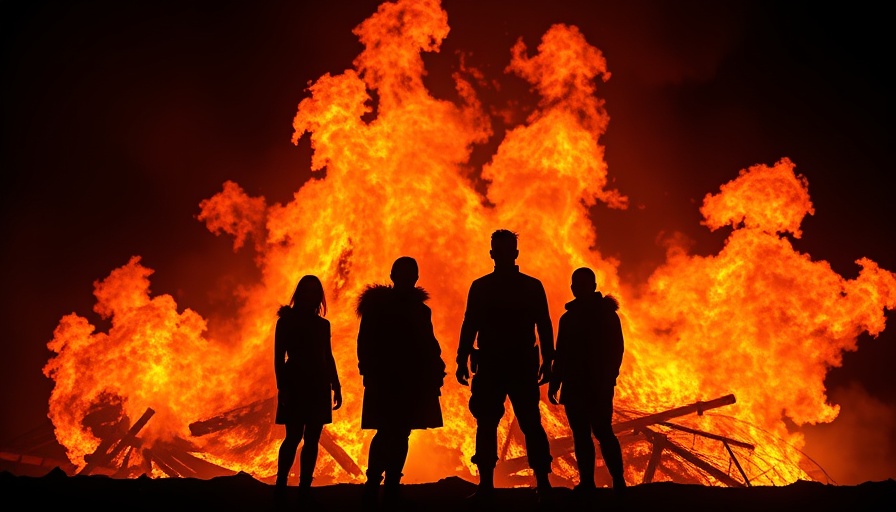 Silhouetted figures in front of intense fire capturing PTSD concept.