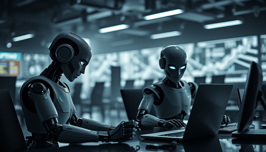 Email marketing metrics analysis by robots in futuristic office.