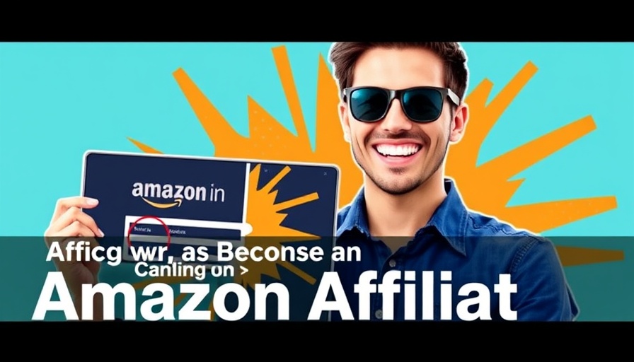 Amazon affiliate marketing smiling person with campaign screen, colorful design.