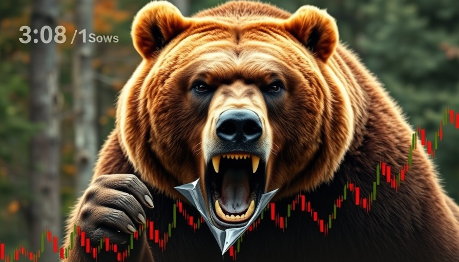 Grizzly bear tearing Bitcoin chart, symbolizing market decline.