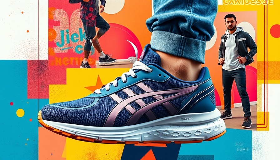Vibrant collage with running shoe highlighting sustainable fashion.