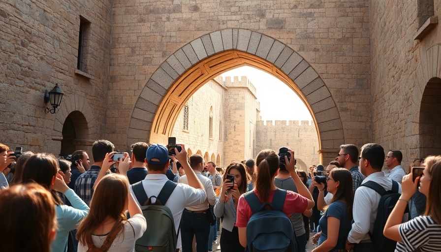 Tourists and locals under medieval archway, Navigating through pain