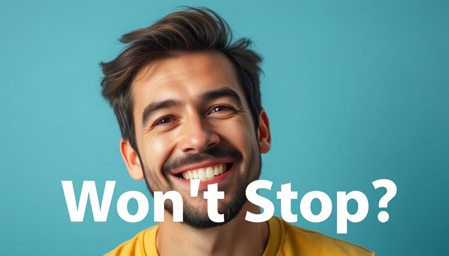 Cheerful man with 'Anxiety Won’t Stop?' text, anxiety theme.