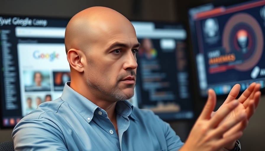 Man discussing SEO 2025 strategies with AI and Google background.