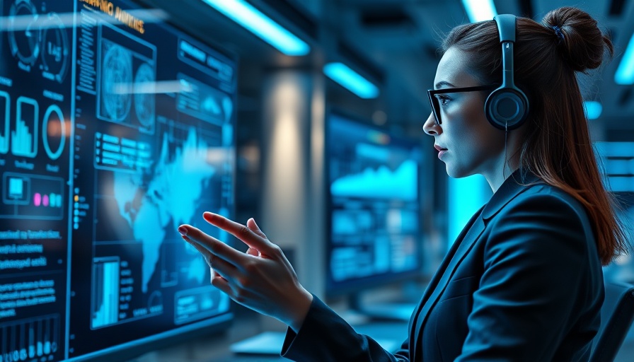 Futuristic businesswoman studying data holograms; polyintelligence in marketing strategies.